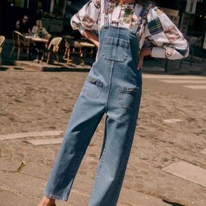 NWT Sezane Samy Denim Jean Button Pocket Jumpsuit Overalls Blue Gold